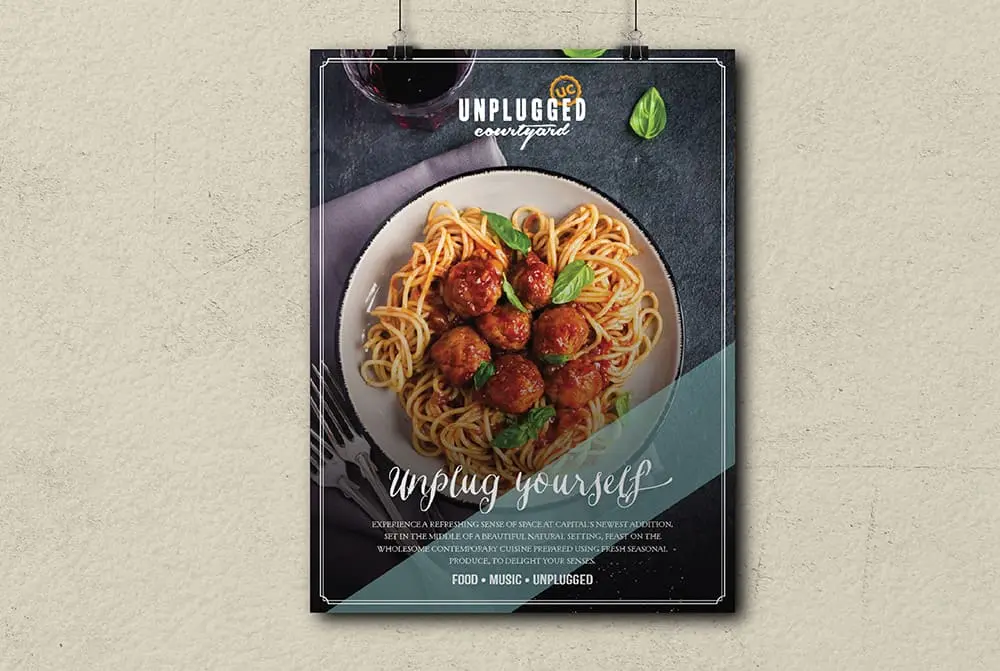 A poster with spaghetti and wine on it.