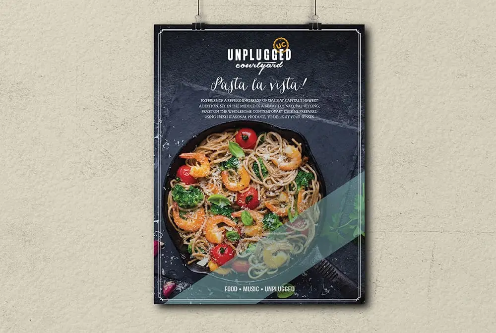 A poster for a restaurant with food on it.