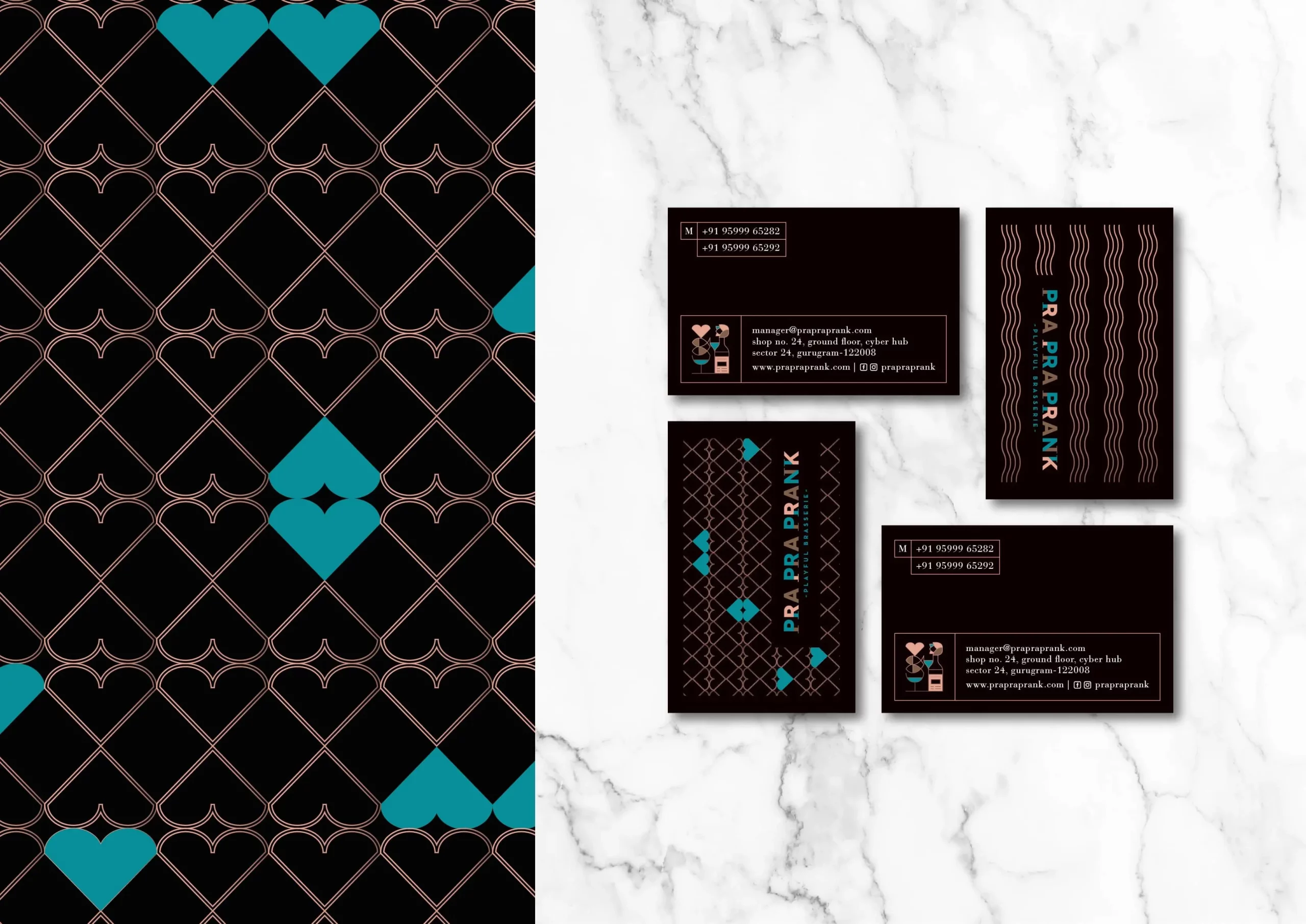 A black and blue business card with a geometric pattern.
