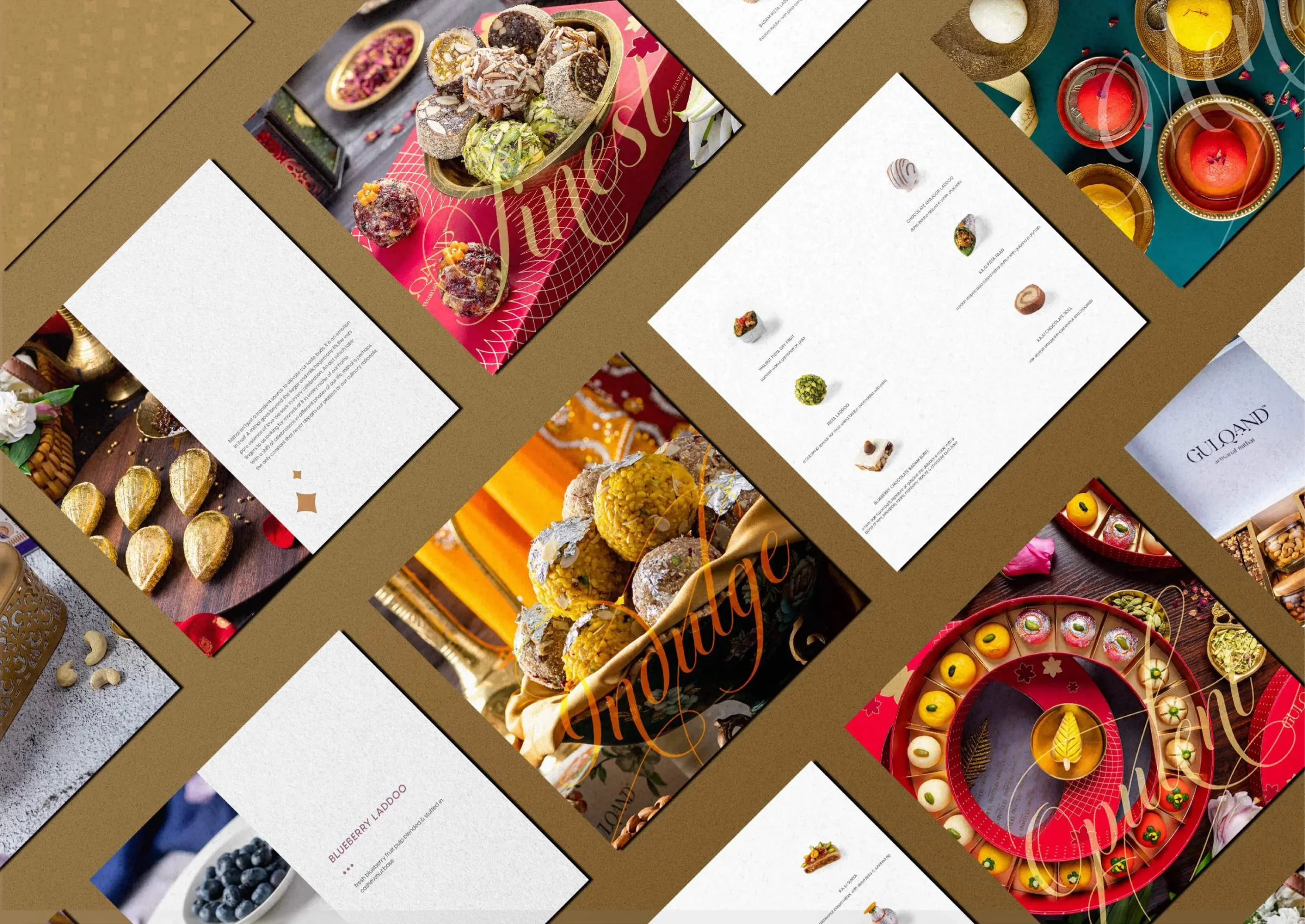 A collection of food and desserts on a brown background.