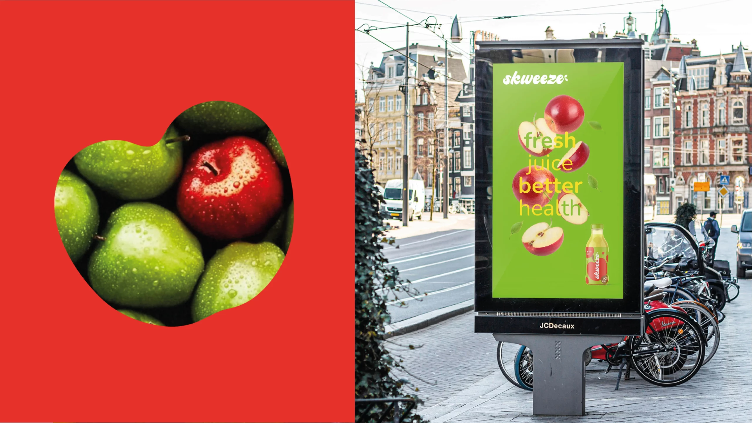 A billboard advertising apples on the side of a street.