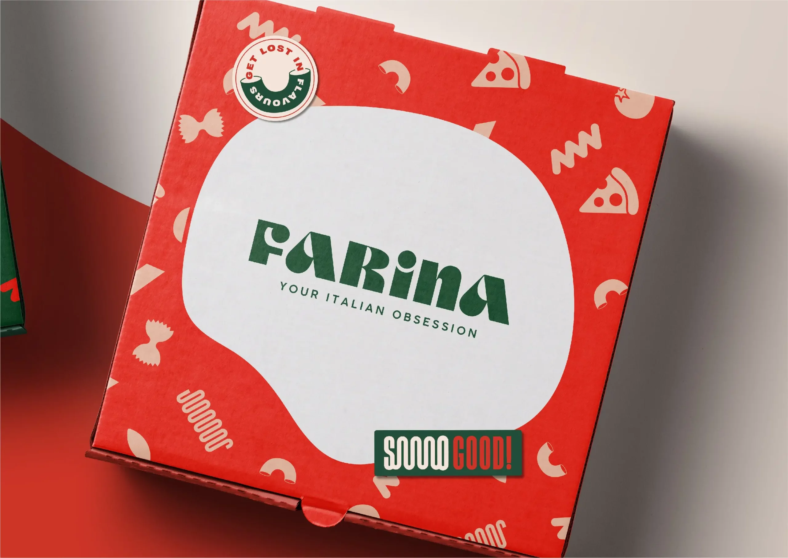 A pizza box with the word farina on it.