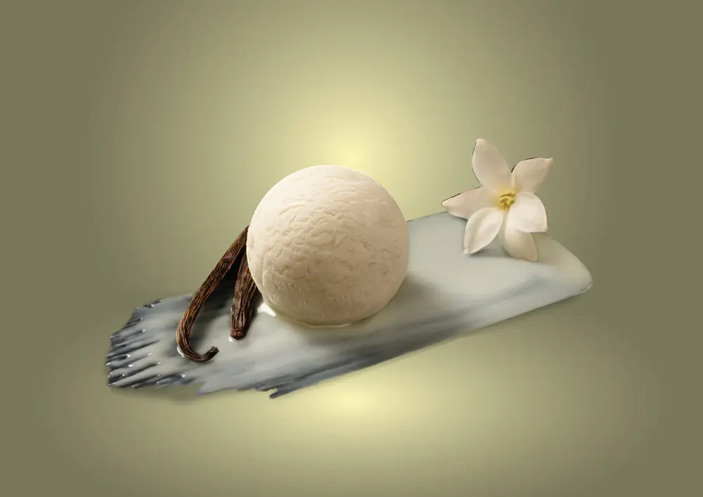 Vanilla ice cream on a plate with a flower.