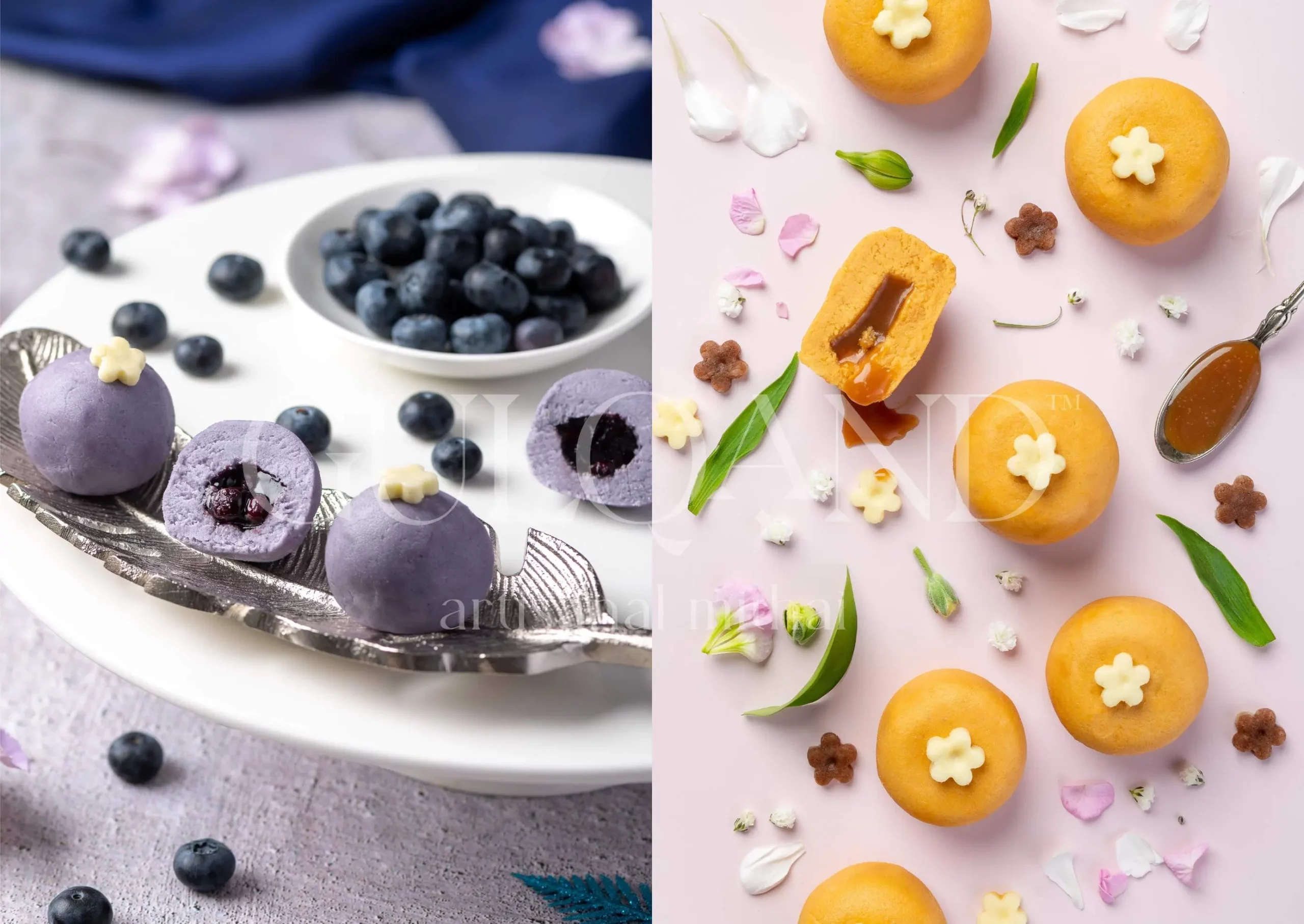 Two pictures of desserts with blueberries and peaches.