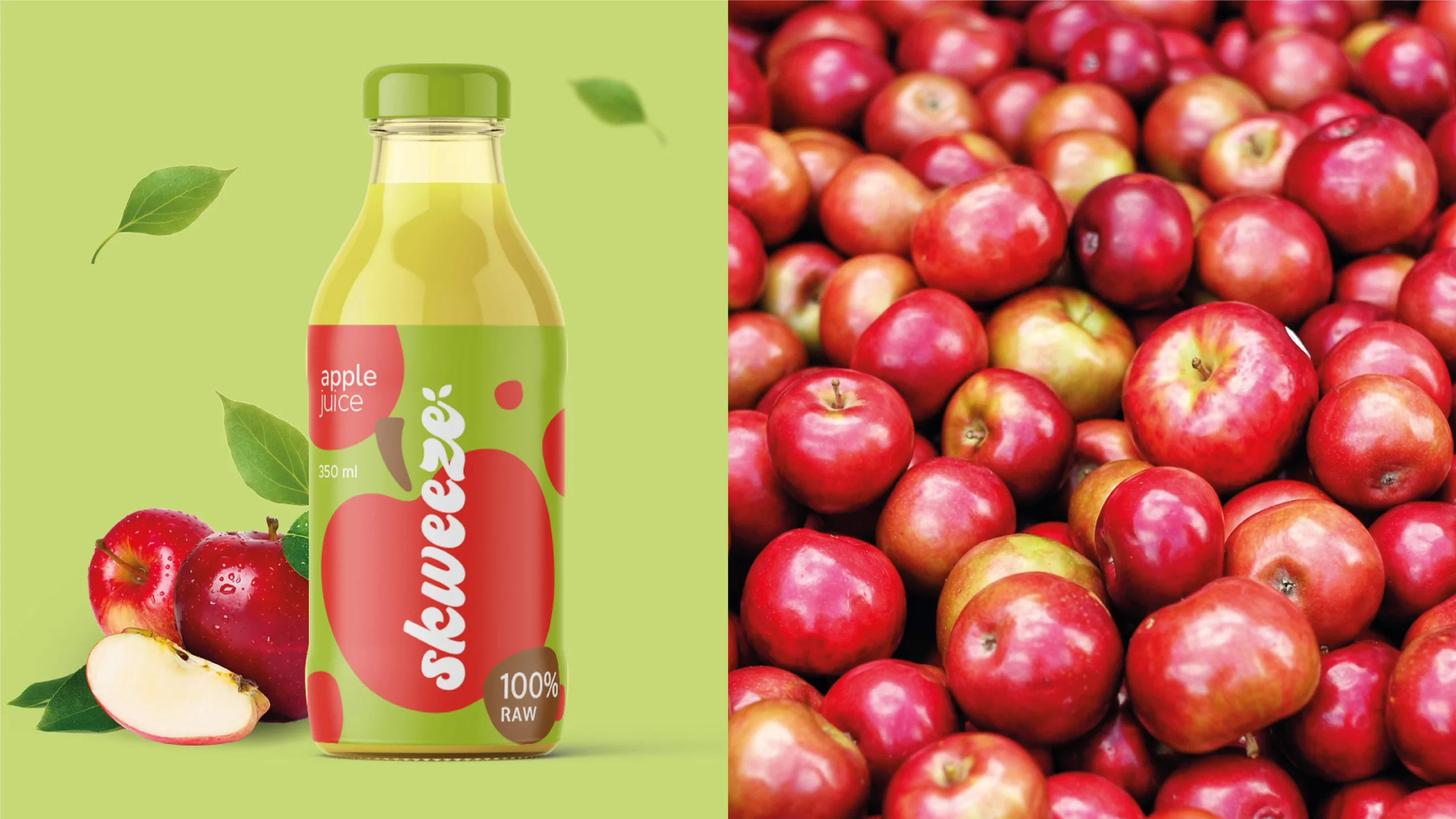 A bottle of apple juice next to a bunch of apples.