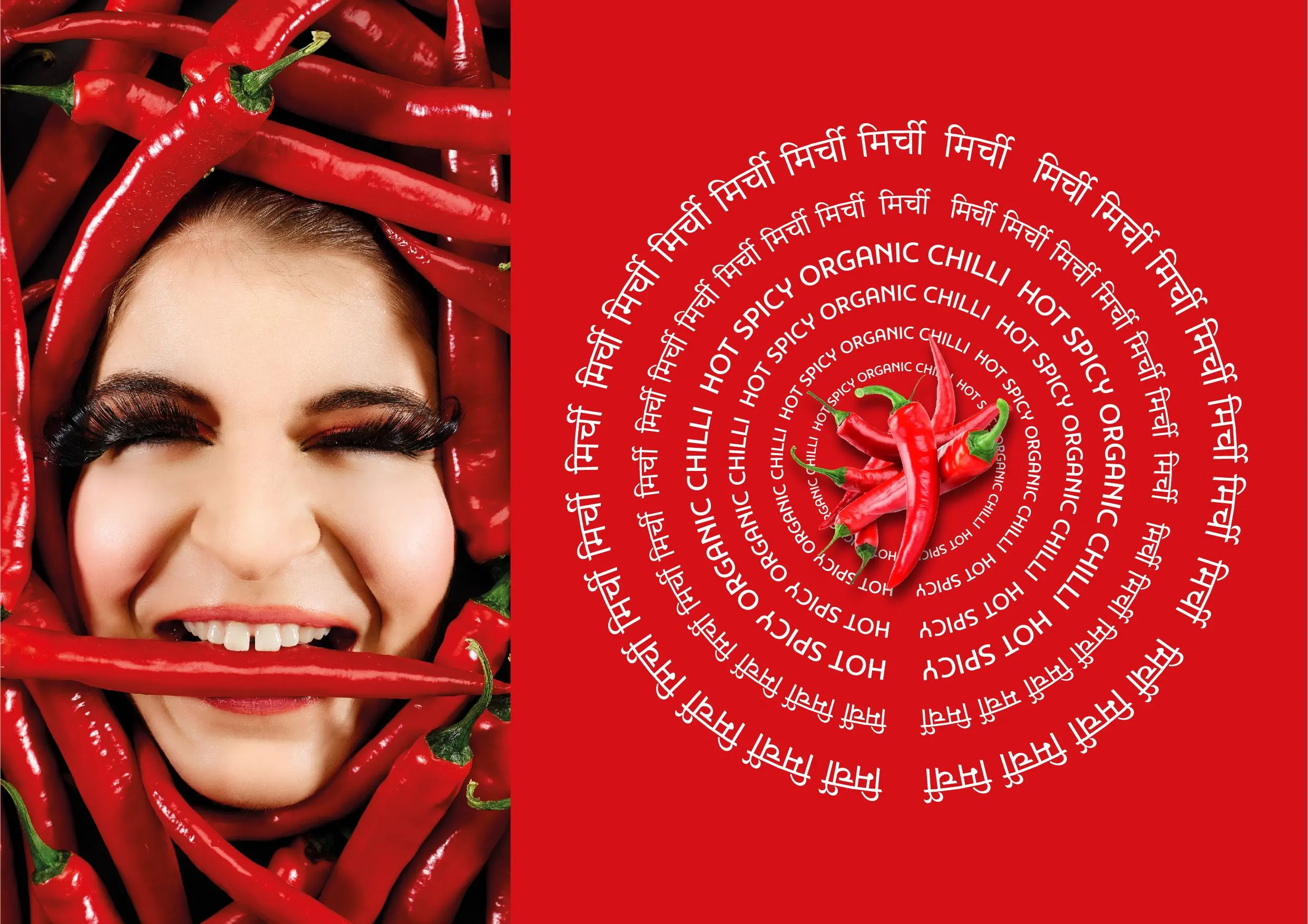 A woman's face is surrounded by chili peppers.