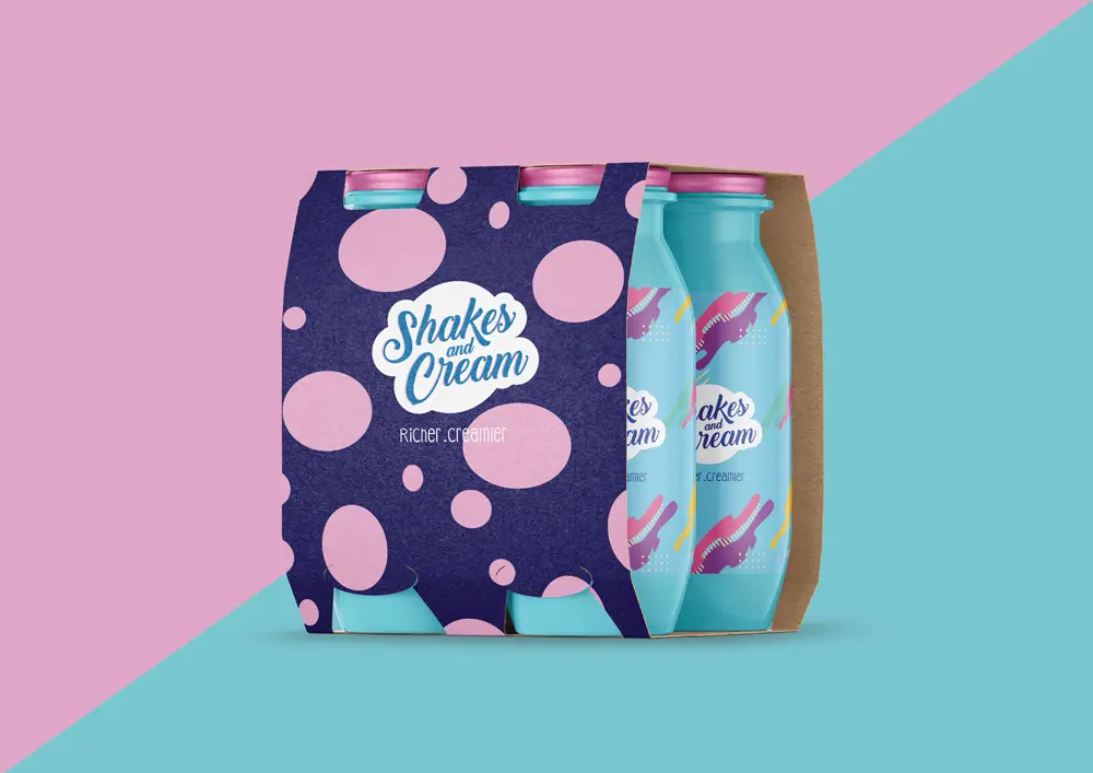 A pink and blue bottle with polka dots on it.