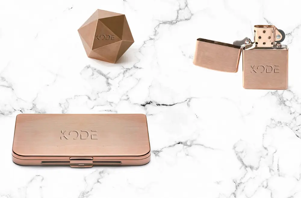 A rose gold lighter, a lighter case, and a key ring.