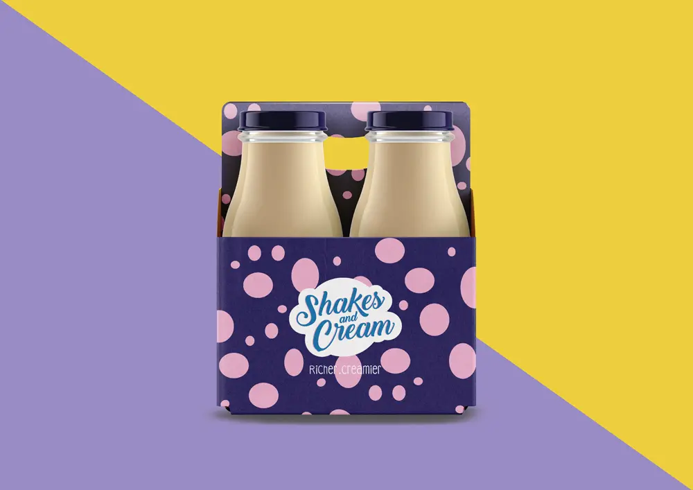 Two bottles of milk on a purple and yellow background.