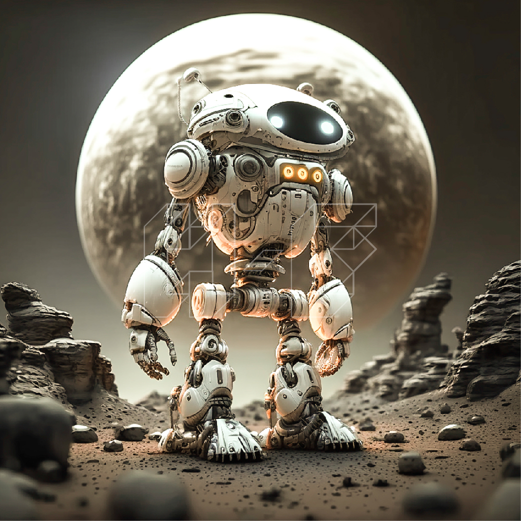 A robot standing on a rock in front of a full moon.