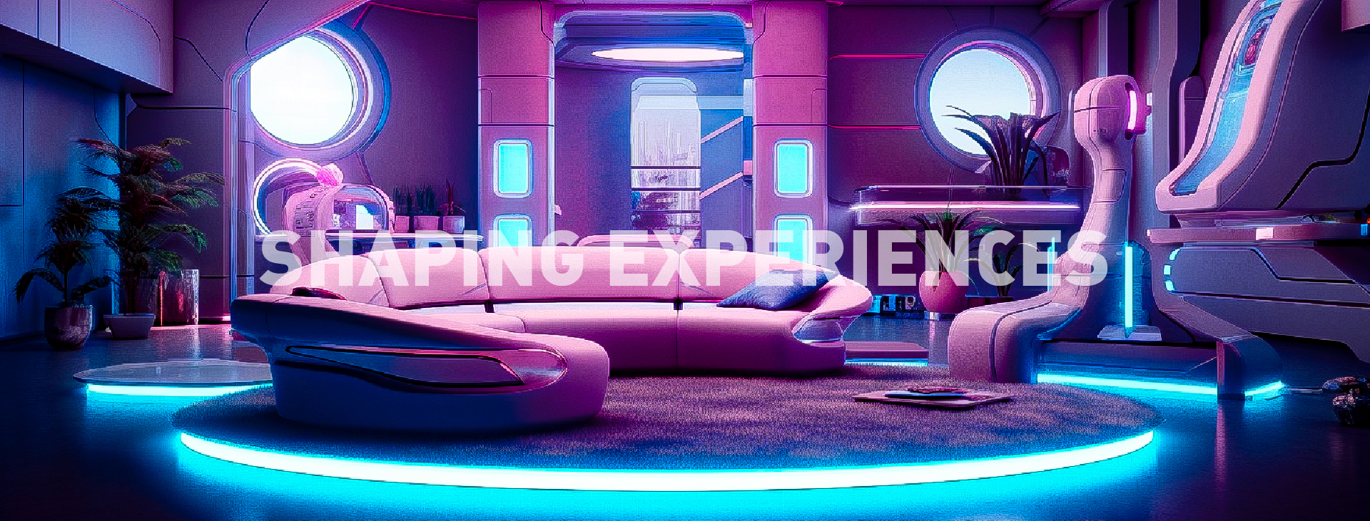 A futuristic living room with neon lights.