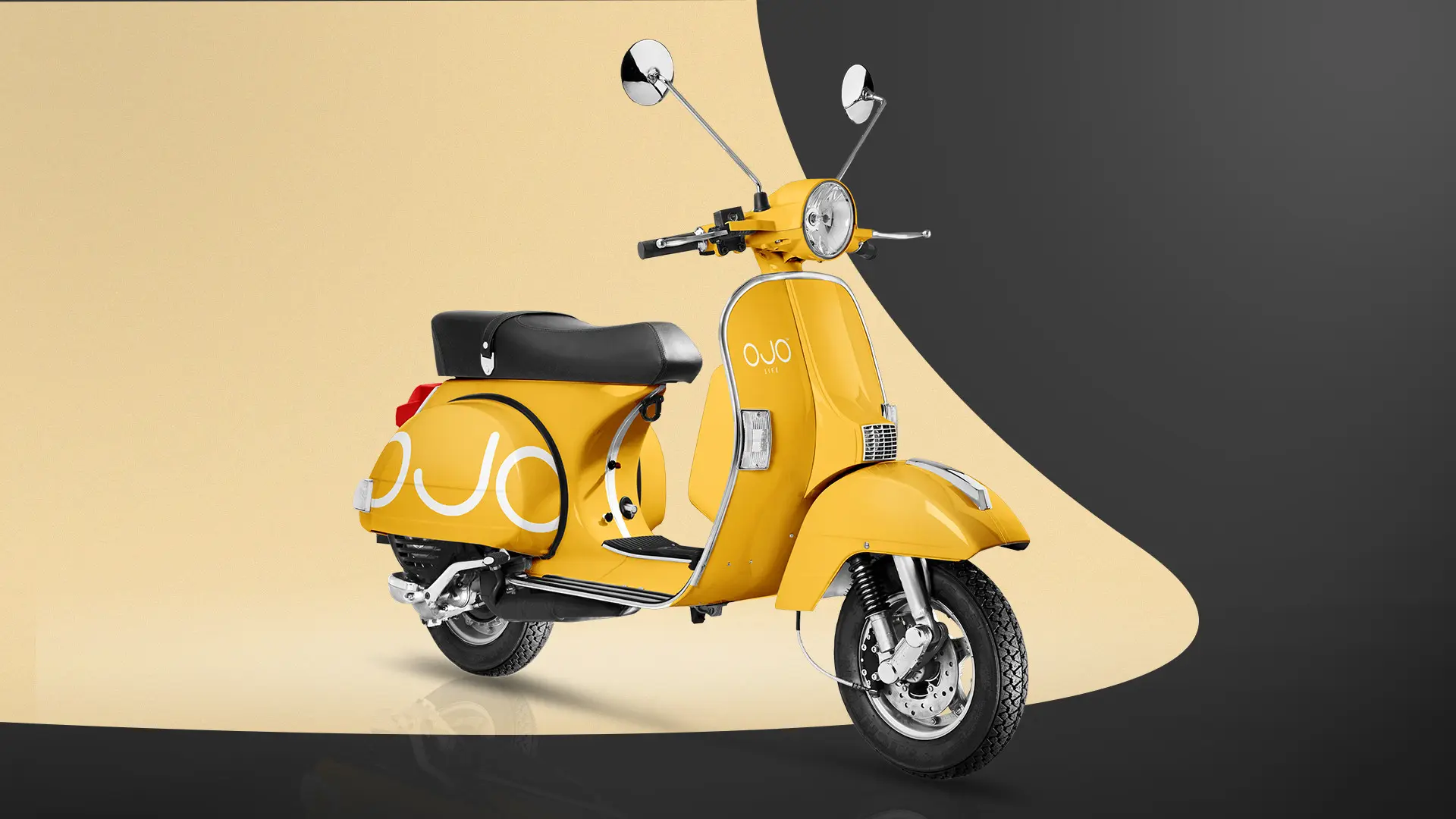A yellow scooter on a yellow background.