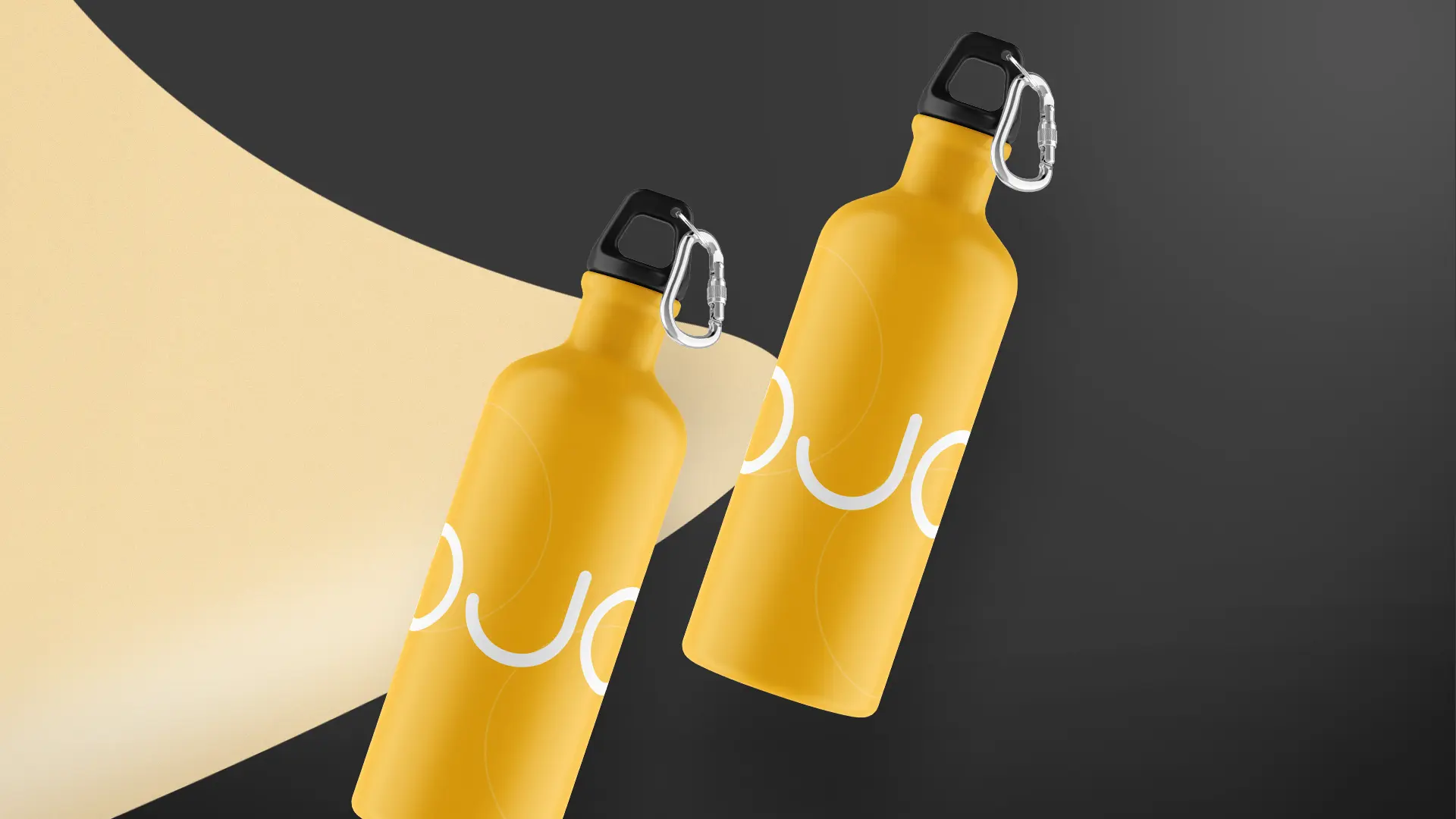 Two yellow water bottles on a black background.