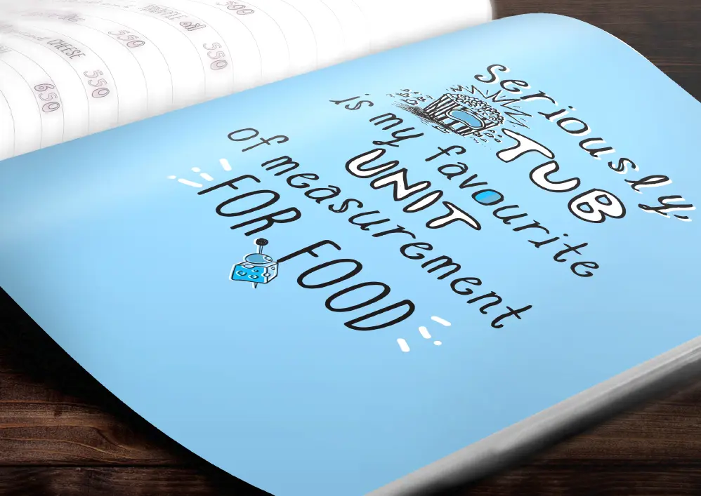 A blue notebook with a quote on it that reads,'seriously, any favorite unit of measurement for food '.