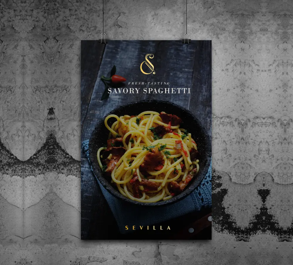 A poster with a bowl of spaghetti hanging on a wall.