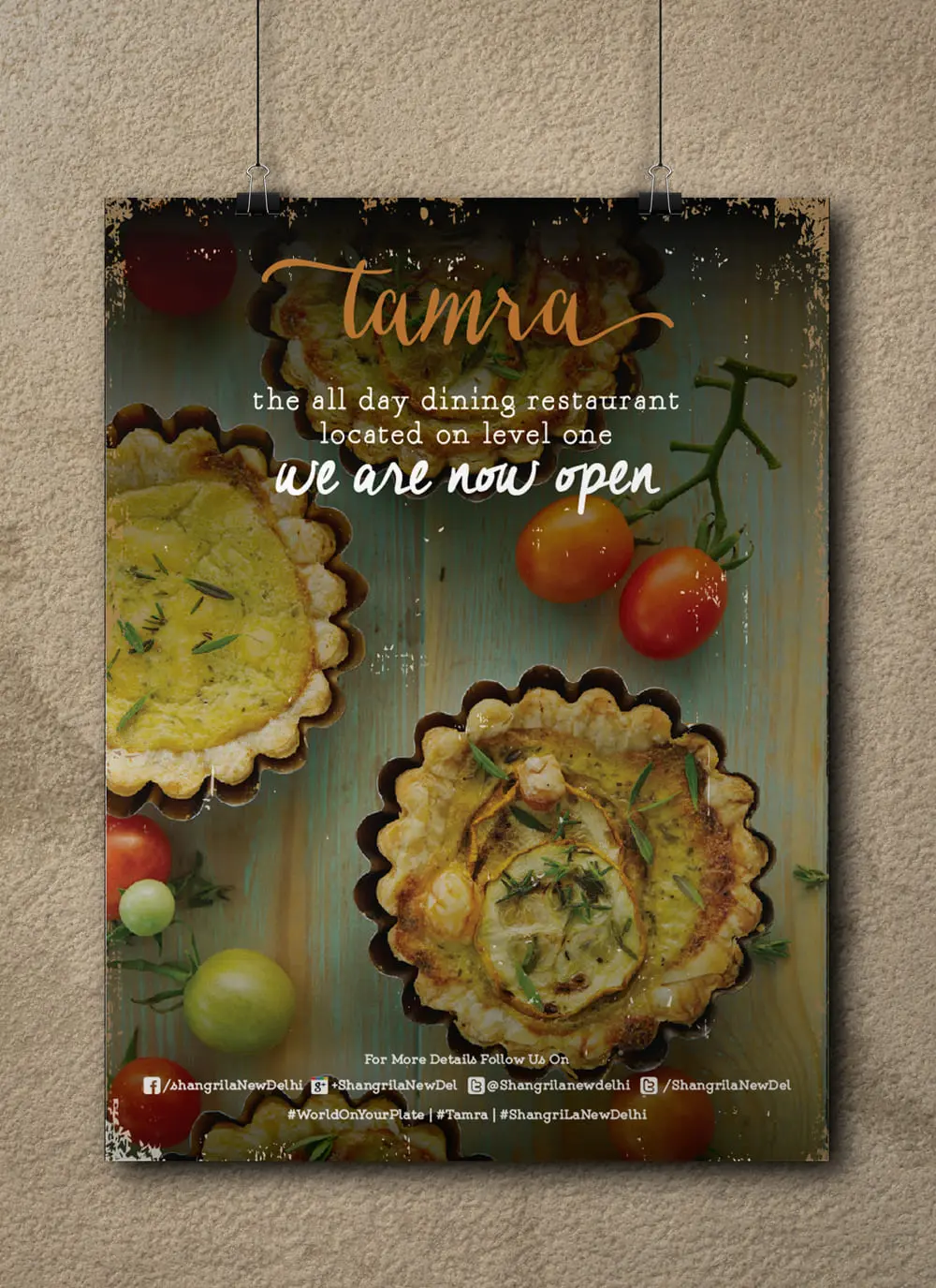 A poster for a restaurant with pies on it.