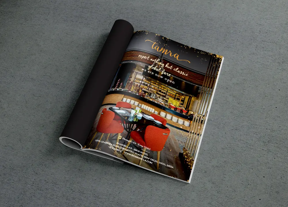 A magazine with a picture of a restaurant.