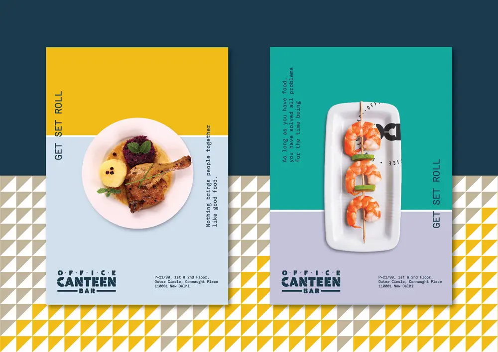 A set of business cards with food on them.