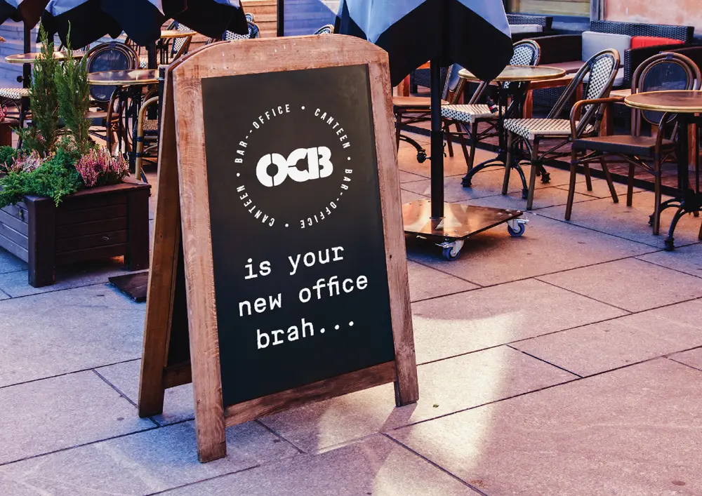A sign that says ocb is your new office bash.