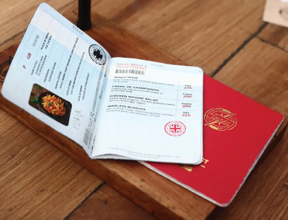 A passport sitting on top of a wooden table.