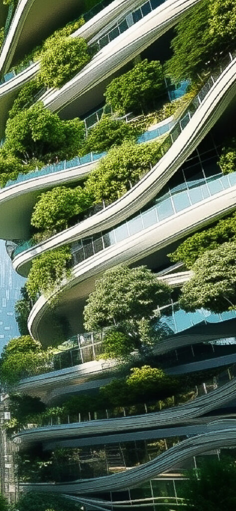 Futuristic building, trees